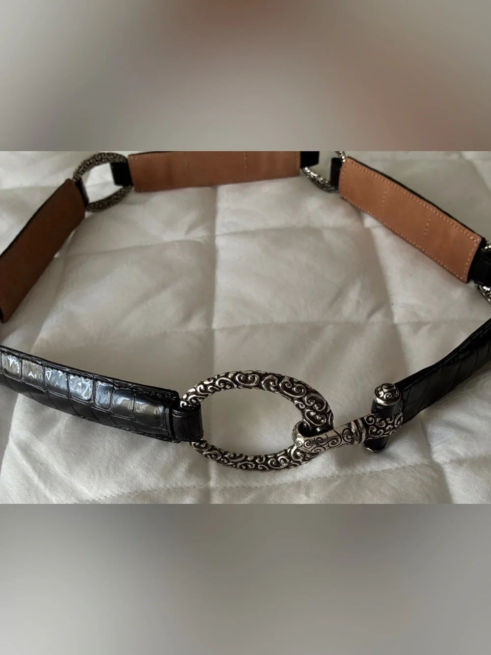 Brighton Black Croc Embossed Patent Leather Hook‎ Belt size 36